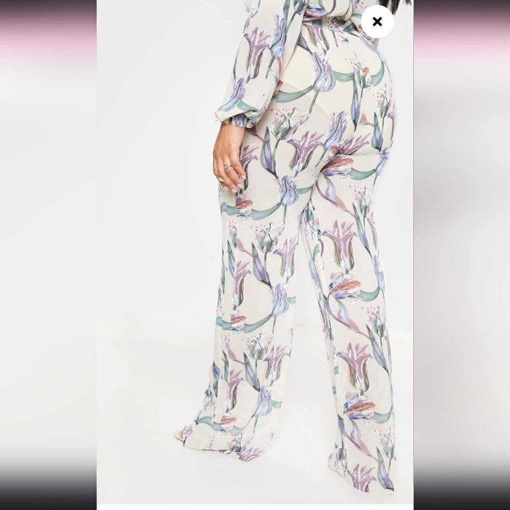 Pretty Little Thing Plus Dusty Pink Floral Wide Leg‎ Trousers Size 14, NWT - Picture 8 of 10